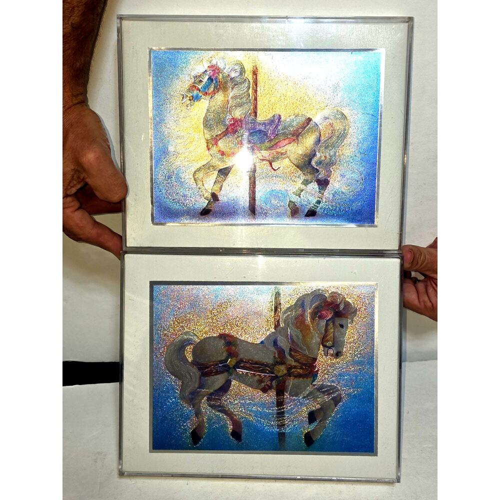 Vintage Unicorn Foil Art 8x10 Framed Iridescent Fantasy Horse Pictures Set of 2